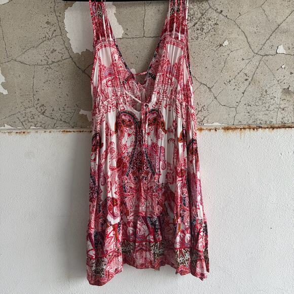 NWT Free People Boho Elephant Print Babydoll Mini Dress Red and White S - Picture 7 of 11
